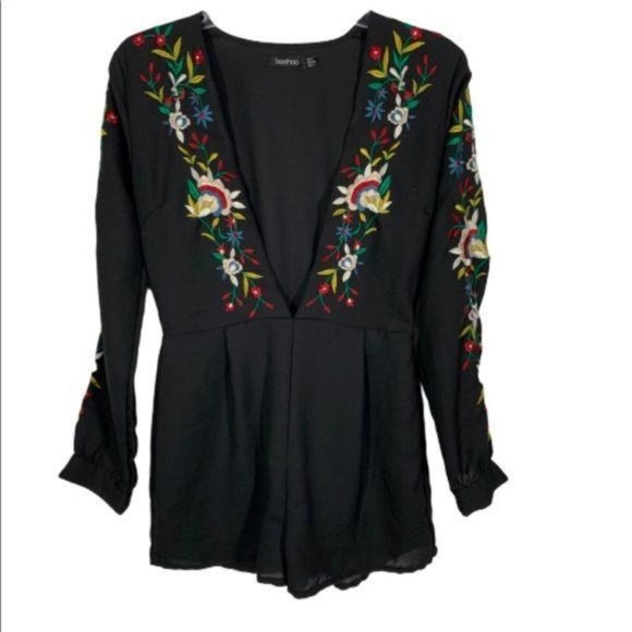 Boohoo Pants - BOOHOO Floral Embroidered Long Sleeve Romper Black Size 4